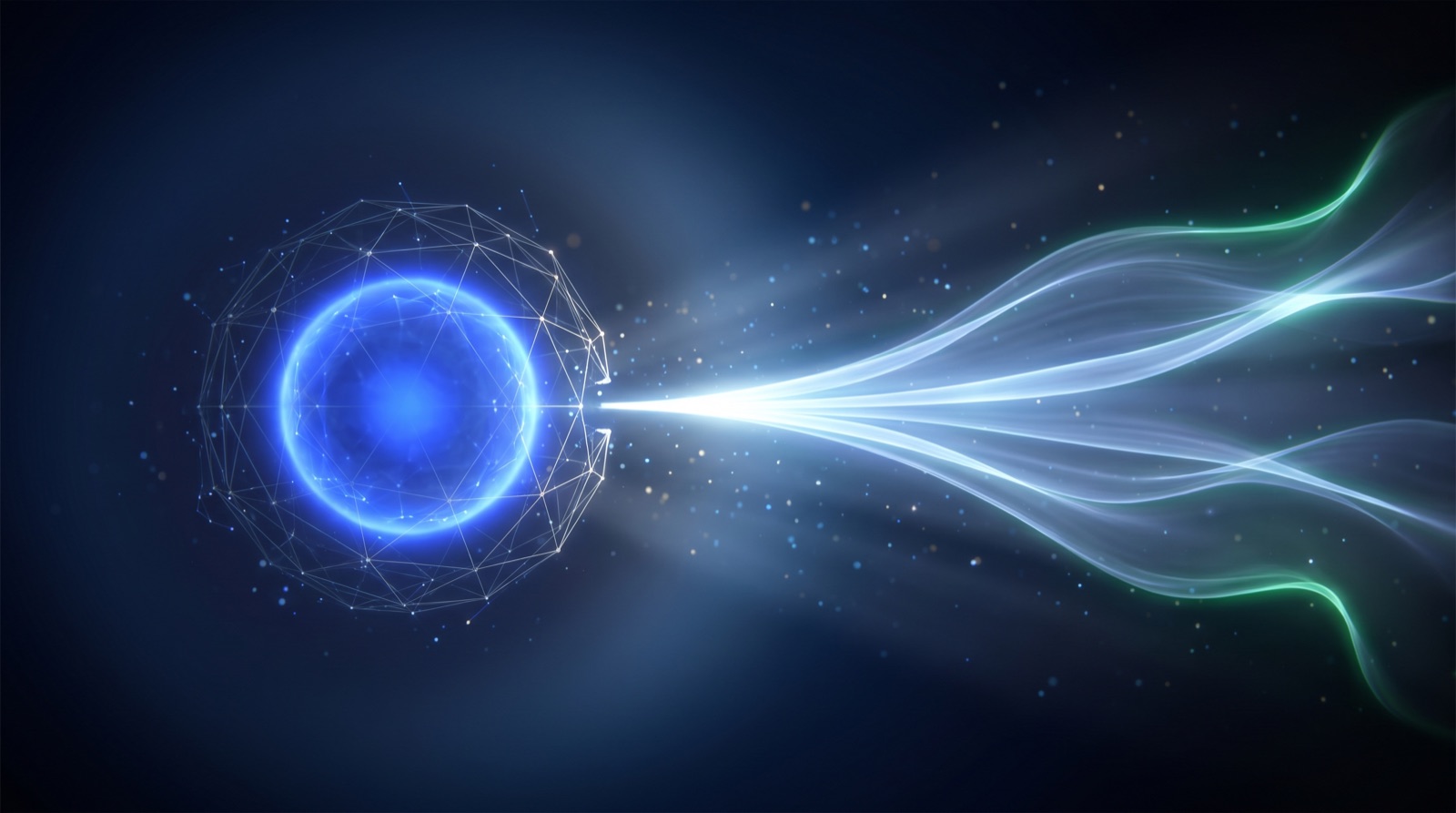 A bright core of light breaking out of a wireframe test chamber and opening into free flight